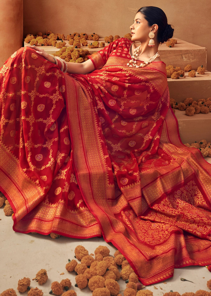 Crimson Red Handwoven Zari Georgette Silk Saree - House of Sarvati LLC