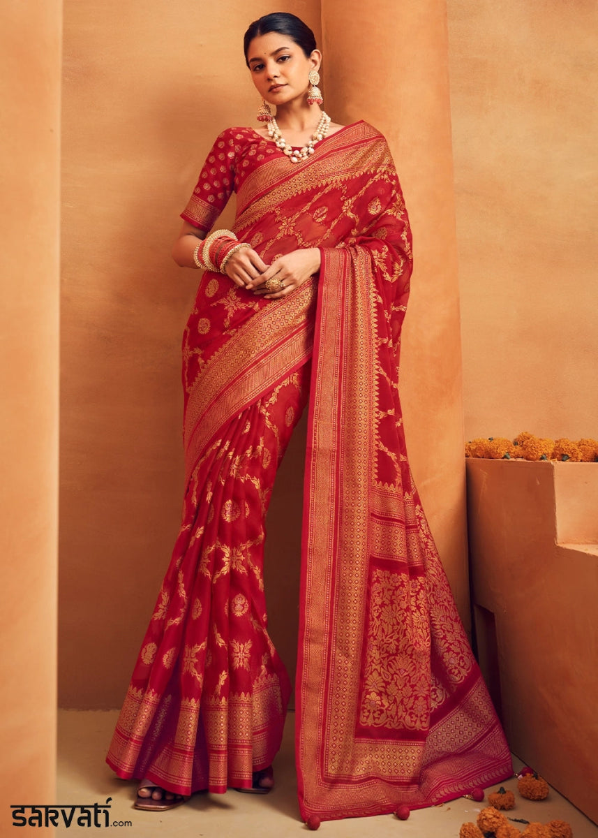 Crimson Red Handwoven Zari Georgette Silk Saree - House of Sarvati LLC
