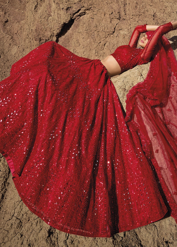 Crimson Red Net Lehenga Choli Adorned With Cutwork, Mirror, And Zarkan Embellishments - House of Sarvati LLC