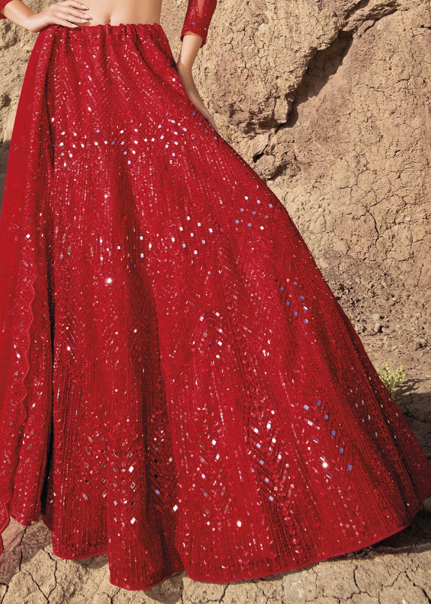 Crimson Red Net Lehenga Choli Adorned With Cutwork, Mirror, And Zarkan Embellishments - House of Sarvati LLC