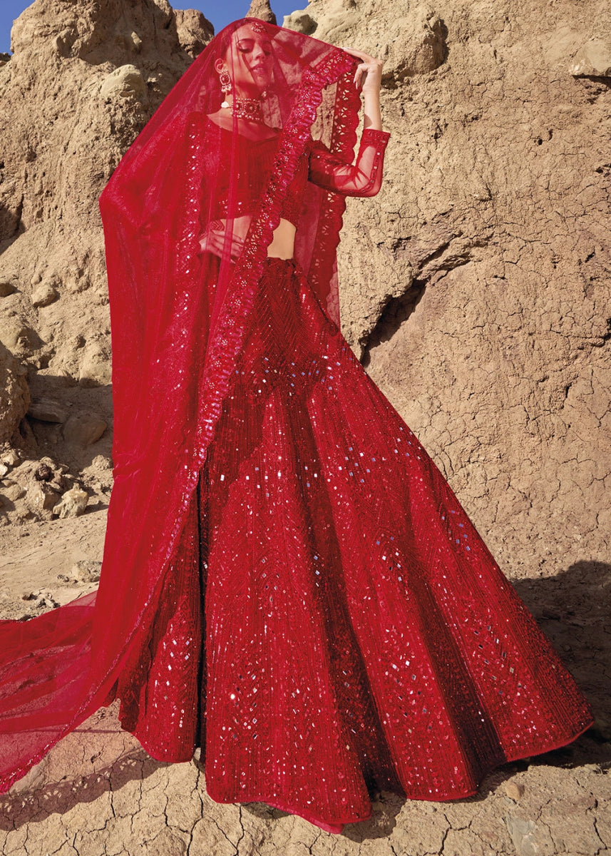 Crimson Red Net Lehenga Choli Adorned With Cutwork, Mirror, And Zarkan Embellishments - House of Sarvati LLC