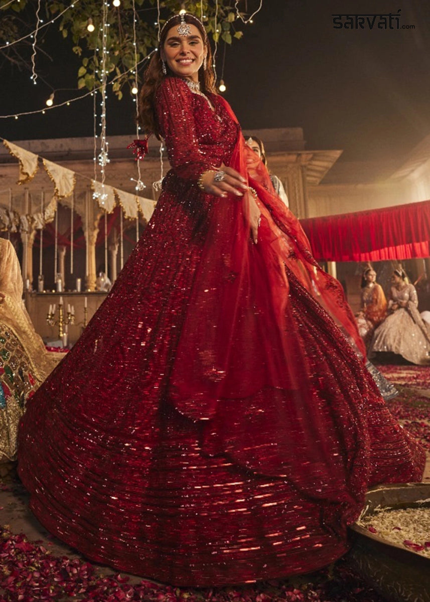 Crimson Red Net Lehenga Choli with Embroidery and Sparkling Sequins Work - House of Sarvati LLC