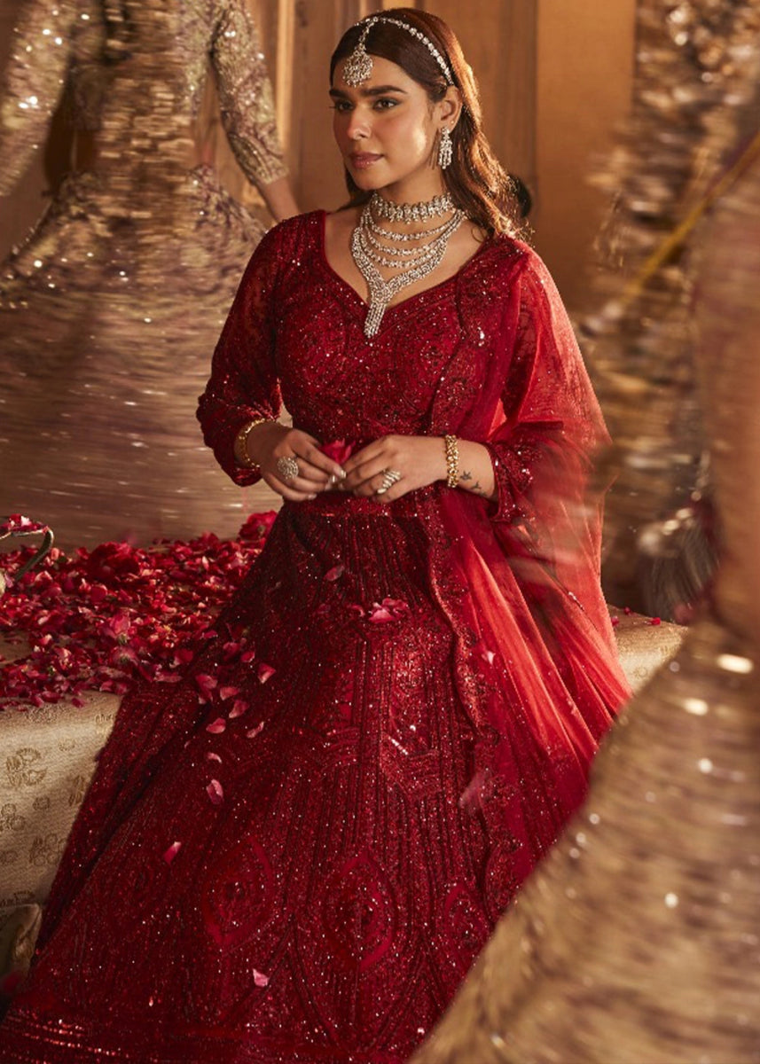 Crimson Red Net Lehenga Choli with Embroidery and Sparkling Sequins Work - House of Sarvati LLC
