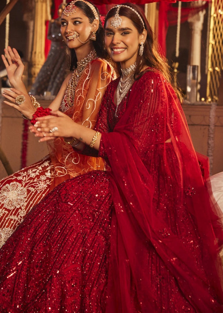 Crimson Red Net Lehenga Choli with Embroidery and Sparkling Sequins Work - House of Sarvati LLC