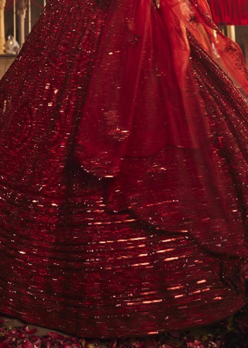 Crimson Red Net Lehenga Choli with Embroidery and Sparkling Sequins Work - House of Sarvati LLC