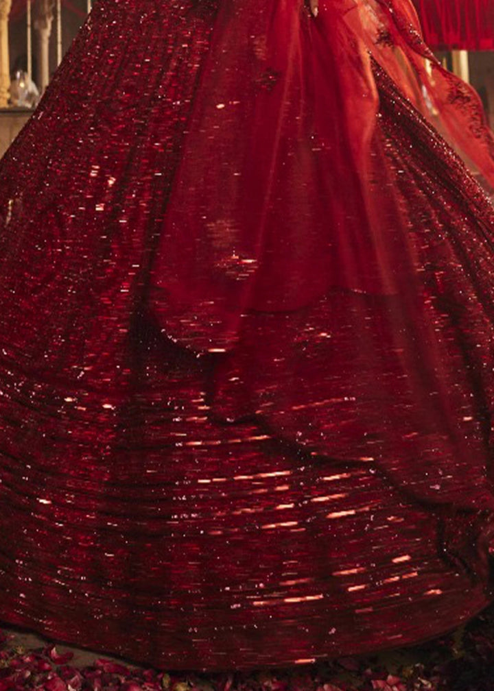 Crimson Red Net Lehenga Choli with Embroidery and Sparkling Sequins Work - House of Sarvati LLC