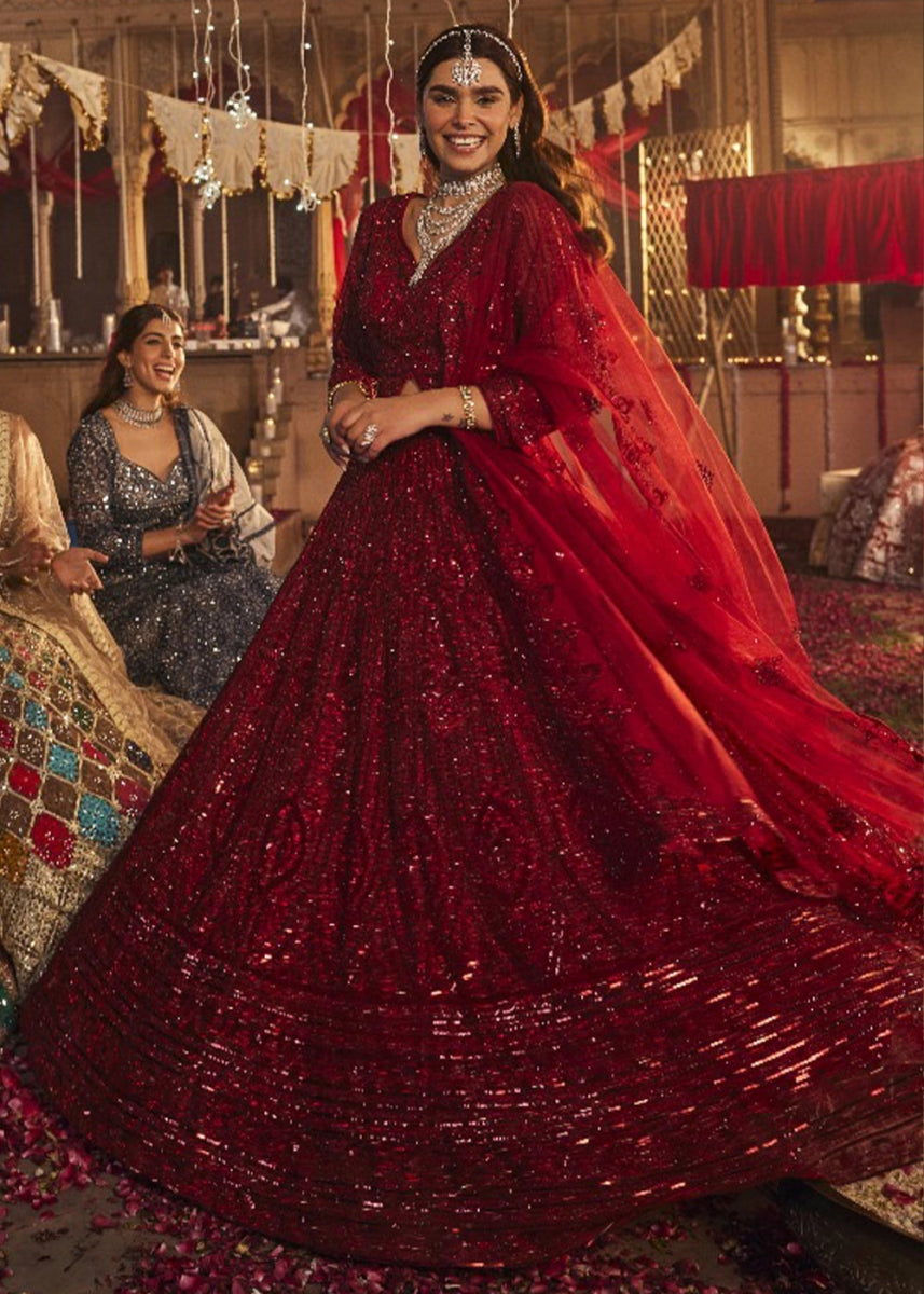 Crimson Red Net Lehenga Choli with Embroidery and Sparkling Sequins Work - House of Sarvati LLC