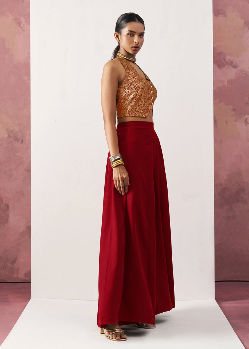 Crimson Red Palazzo & Jacquard Waistcoat Fusion Set - House of Sarvati LLC