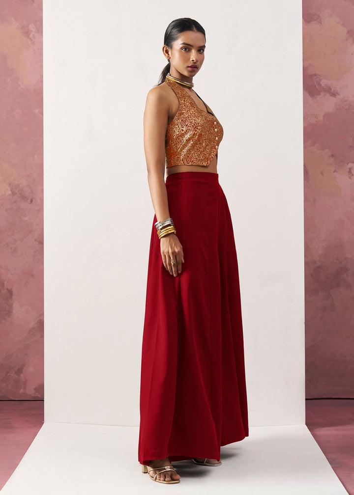 Crimson Red Palazzo & Jacquard Waistcoat Fusion Set - House of Sarvati LLC