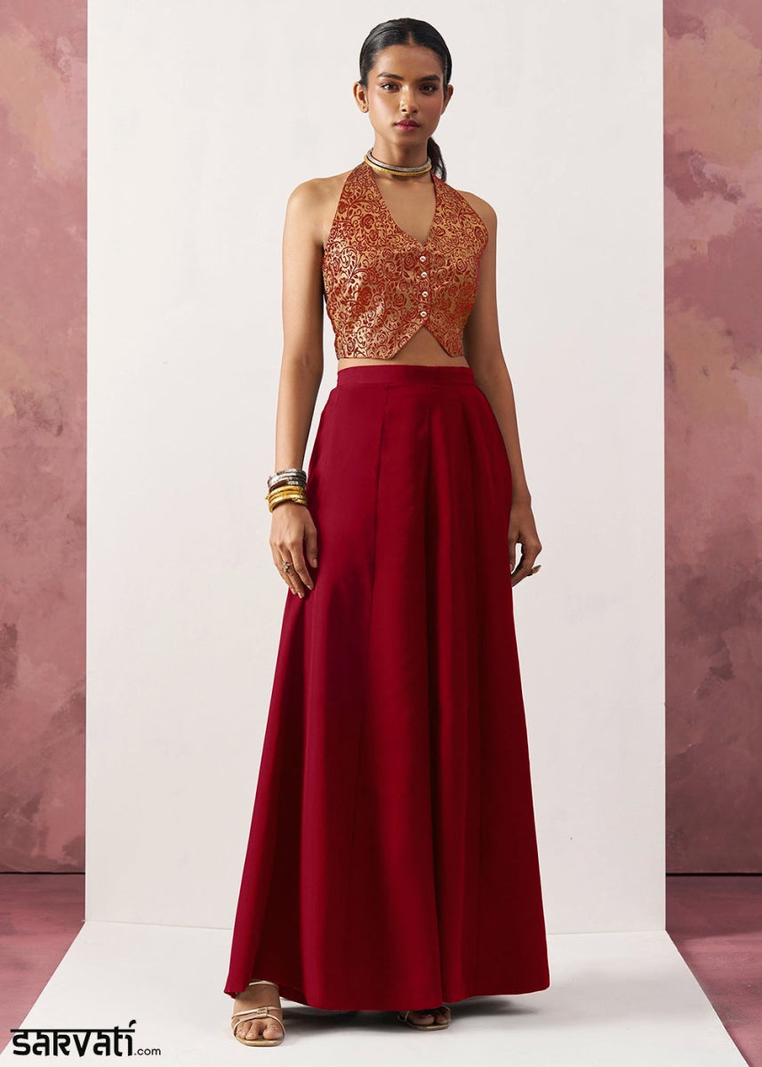 Crimson Red Palazzo & Jacquard Waistcoat Fusion Set - House of Sarvati LLC