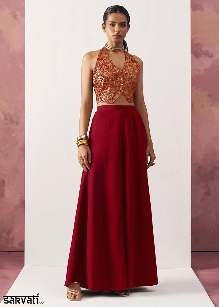 Crimson Red Palazzo & Jacquard Waistcoat Fusion Set - House of Sarvati LLC