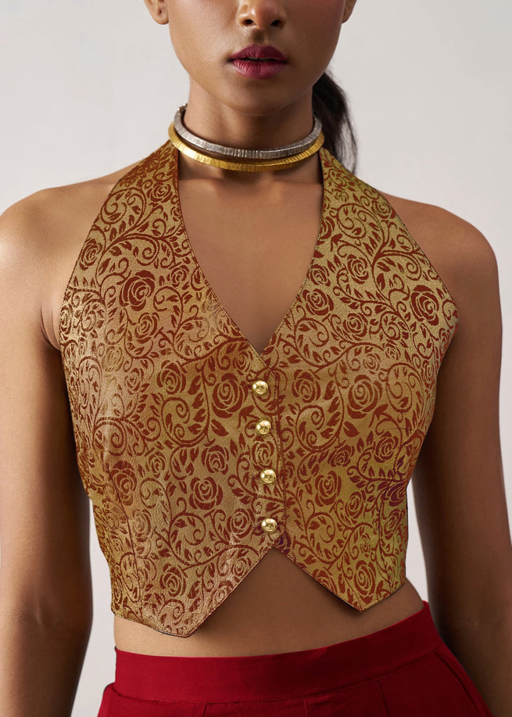 Crimson Red Palazzo & Jacquard Waistcoat Fusion Set - House of Sarvati LLC