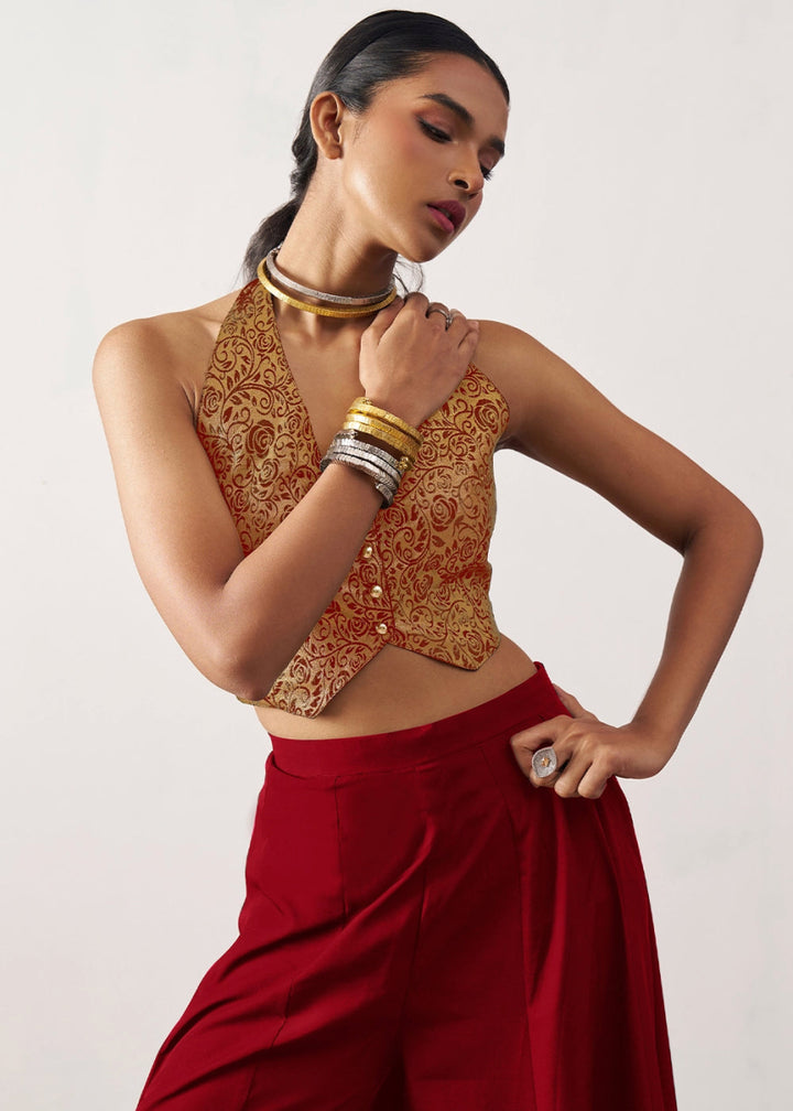 Crimson Red Palazzo & Jacquard Waistcoat Fusion Set - House of Sarvati LLC