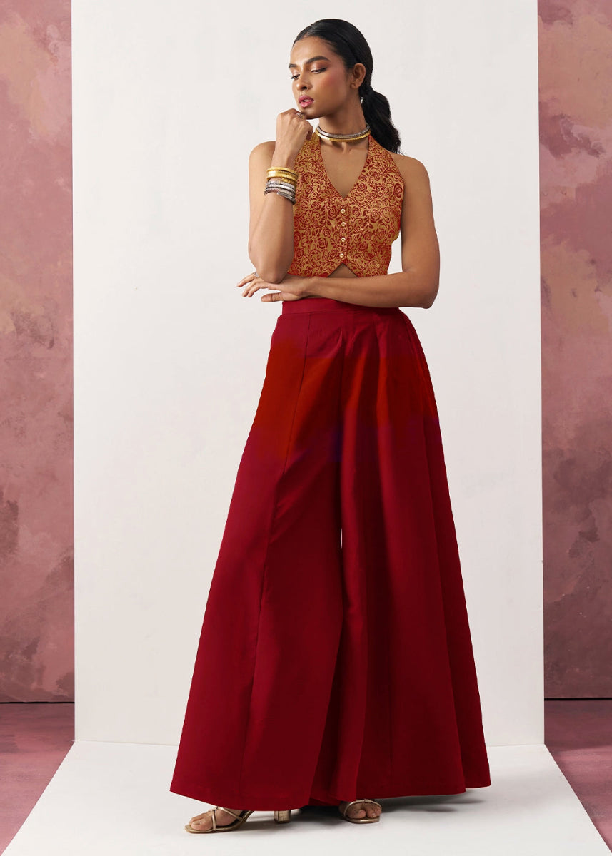 Crimson Red Palazzo & Jacquard Waistcoat Fusion Set - House of Sarvati LLC