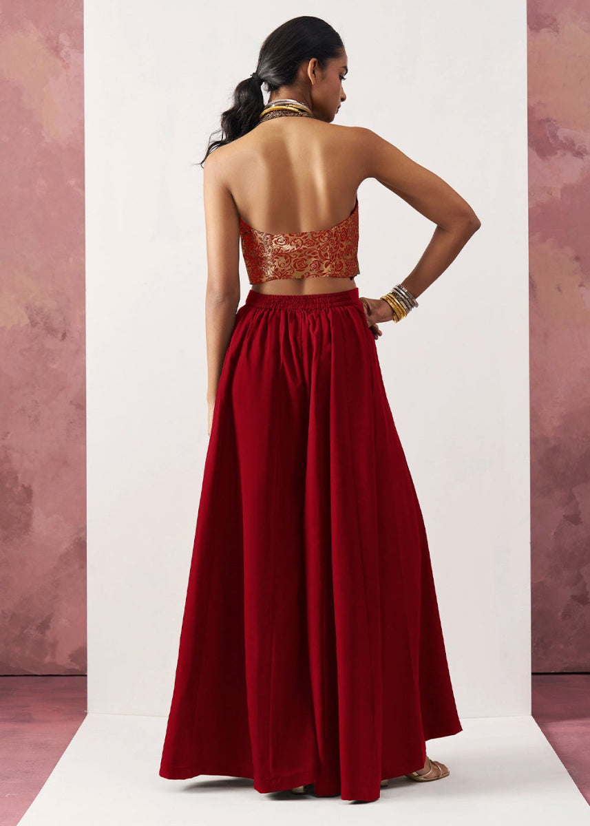 Crimson Red Palazzo & Jacquard Waistcoat Fusion Set - House of Sarvati LLC