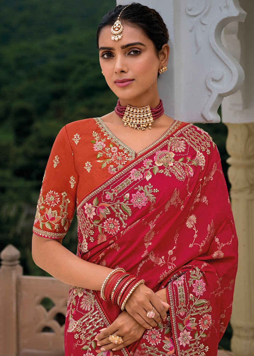 Crimson Red Viscose Silk Saree with Intricate Cutwork & Embroidery - House of Sarvati LLC