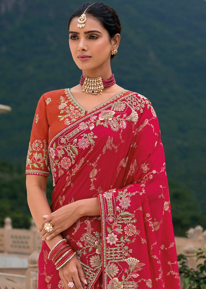 Crimson Red Viscose Silk Saree with Intricate Cutwork & Embroidery - House of Sarvati LLC