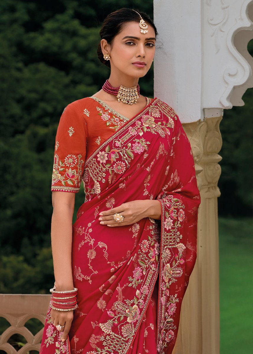 Crimson Red Viscose Silk Saree with Intricate Cutwork & Embroidery - House of Sarvati LLC