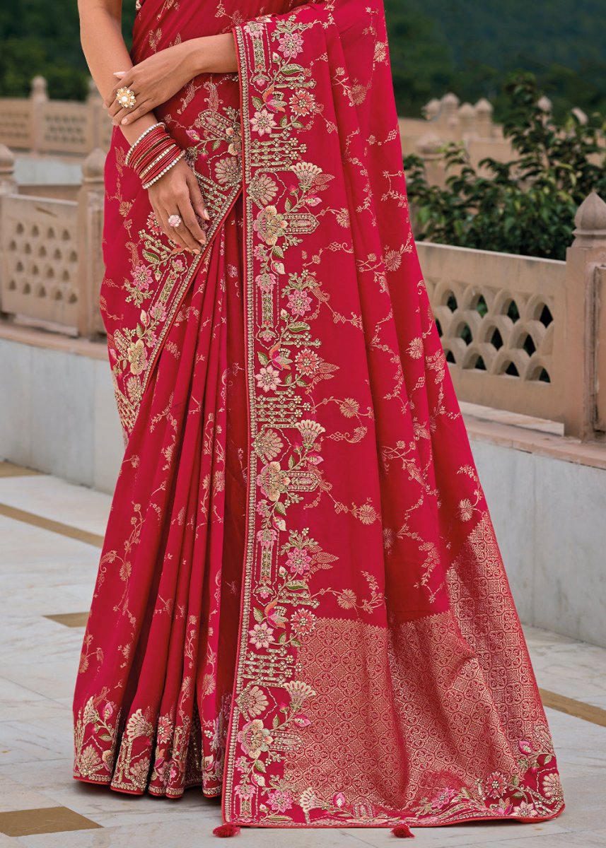 Crimson Red Viscose Silk Saree with Intricate Cutwork & Embroidery - House of Sarvati LLC