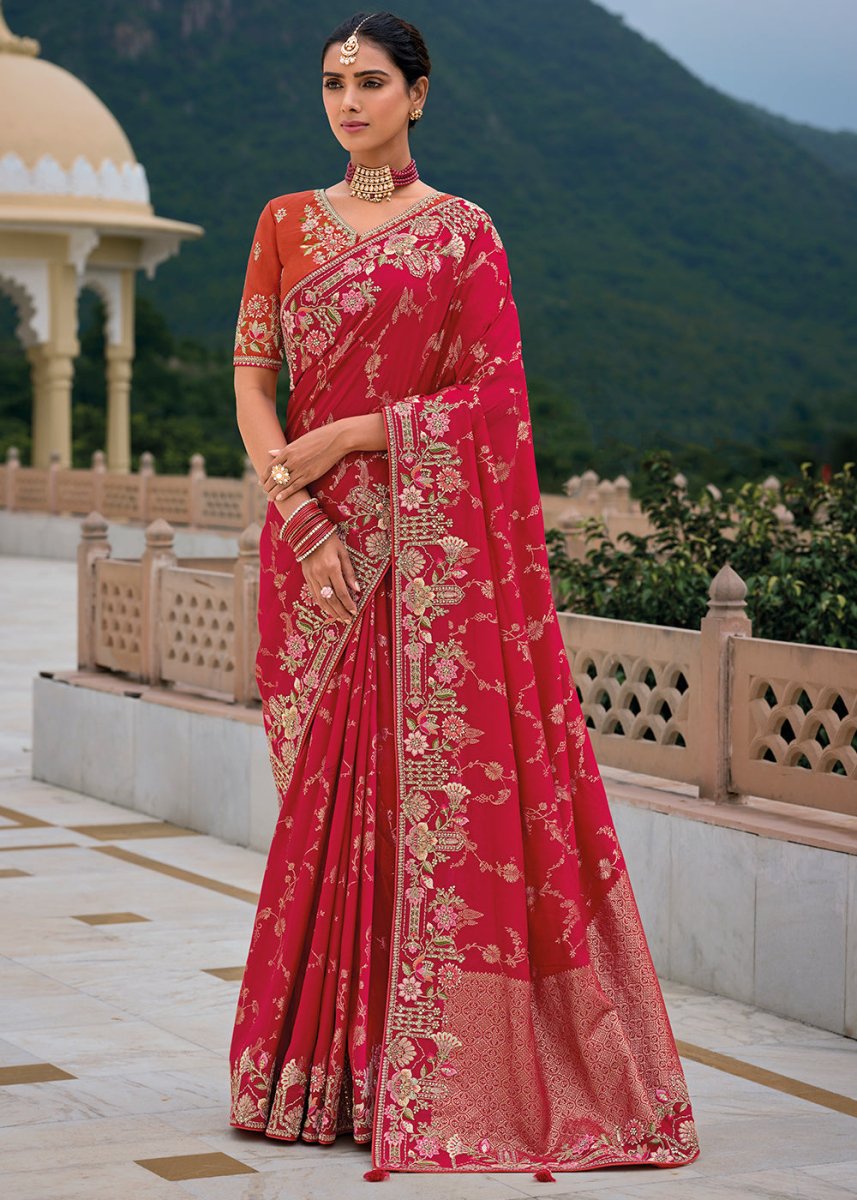 Crimson Red Viscose Silk Saree with Intricate Cutwork & Embroidery - House of Sarvati LLC