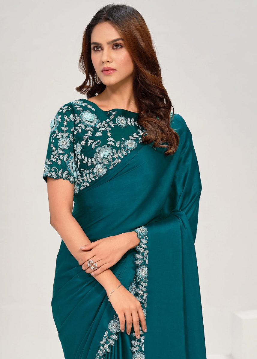 Crystal Teal Blue Crepe Satin Silk Saree with Sequin & Appliqué Detailing - House of Sarvati LLC