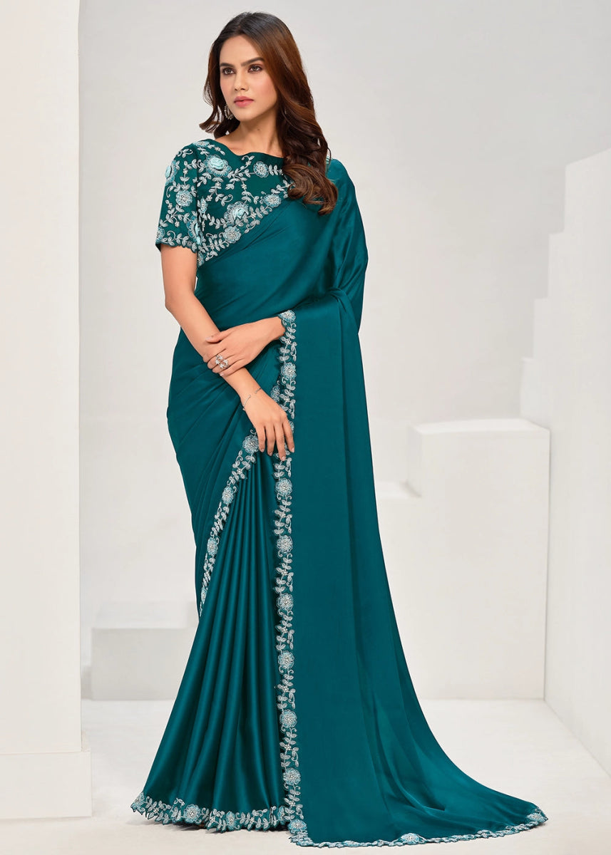 Crystal Teal Blue Crepe Satin Silk Saree with Sequin & Appliqué Detailing - House of Sarvati LLC