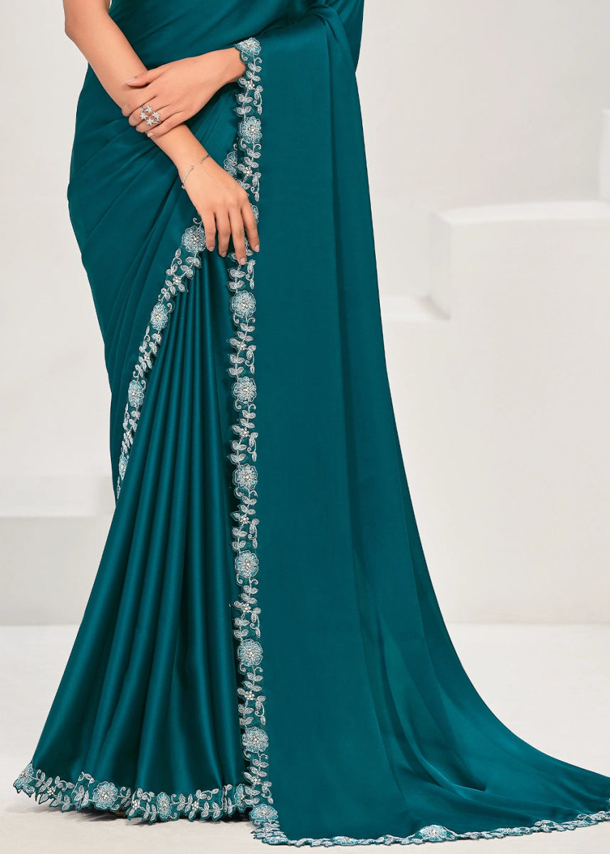 Crystal Teal Blue Crepe Satin Silk Saree with Sequin & Appliqué Detailing - House of Sarvati LLC