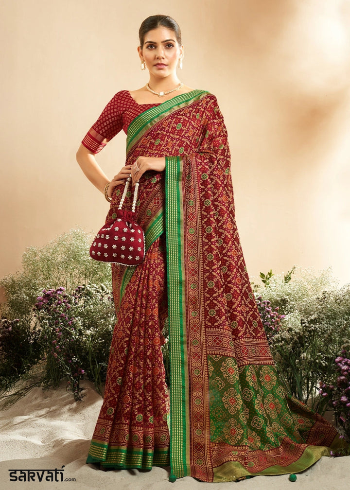 Currant Red Patola Printed Georgette Silk Saree - House of Sarvati LLC