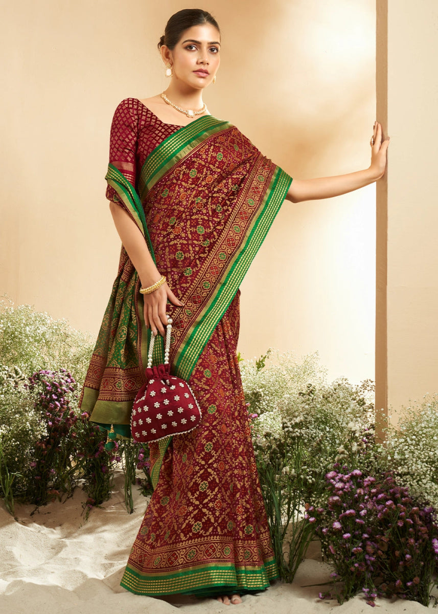 Currant Red Patola Printed Georgette Silk Saree - House of Sarvati LLC