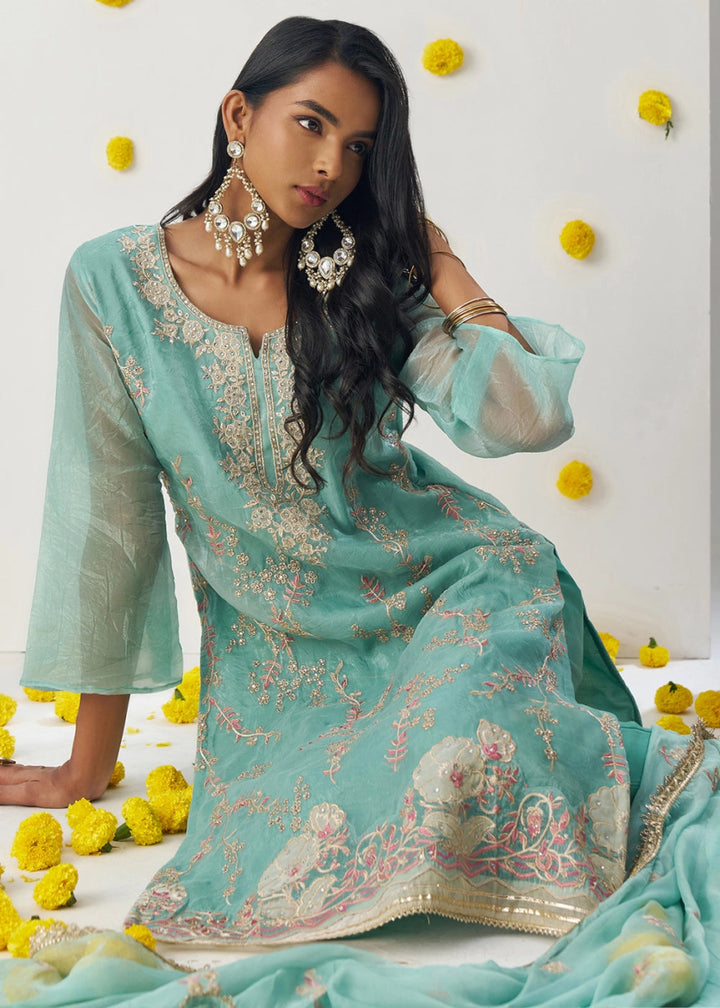 Cyan Blue Crush Organza Salwar Suit with Floral Embroidery work - House of Sarvati LLC