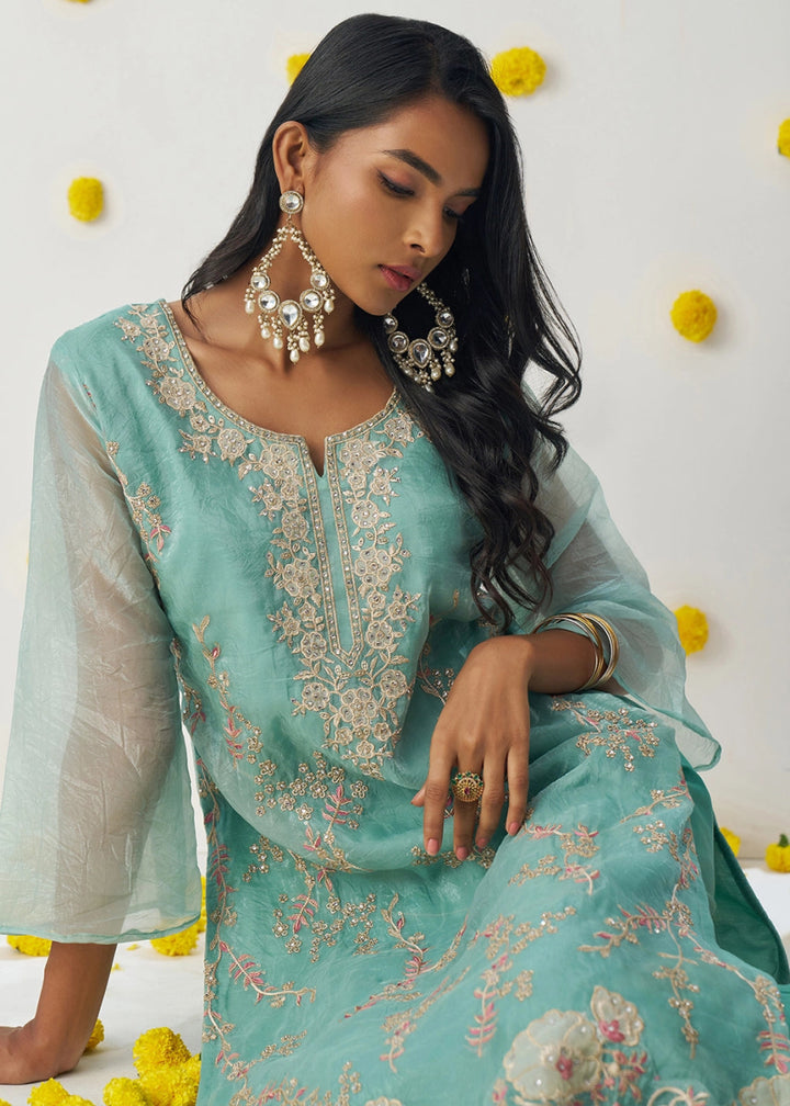 Cyan Blue Crush Organza Salwar Suit with Floral Embroidery work - House of Sarvati LLC
