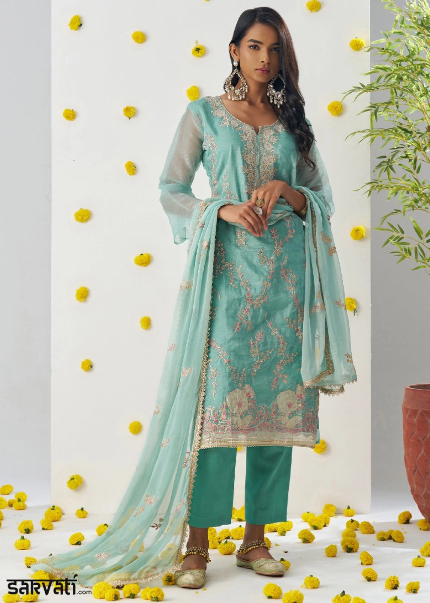 Cyan Blue Crush Organza Salwar Suit with Floral Embroidery work - House of Sarvati LLC