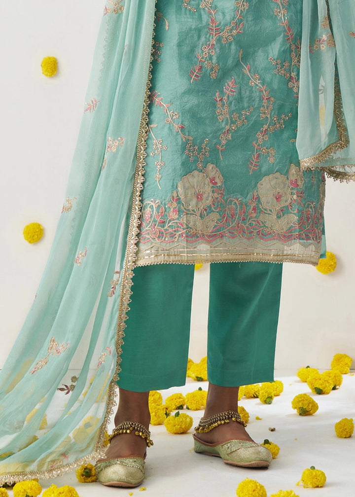 Cyan Blue Crush Organza Salwar Suit with Floral Embroidery work - House of Sarvati LLC