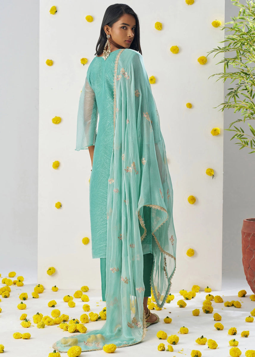 Cyan Blue Crush Organza Salwar Suit with Floral Embroidery work - House of Sarvati LLC