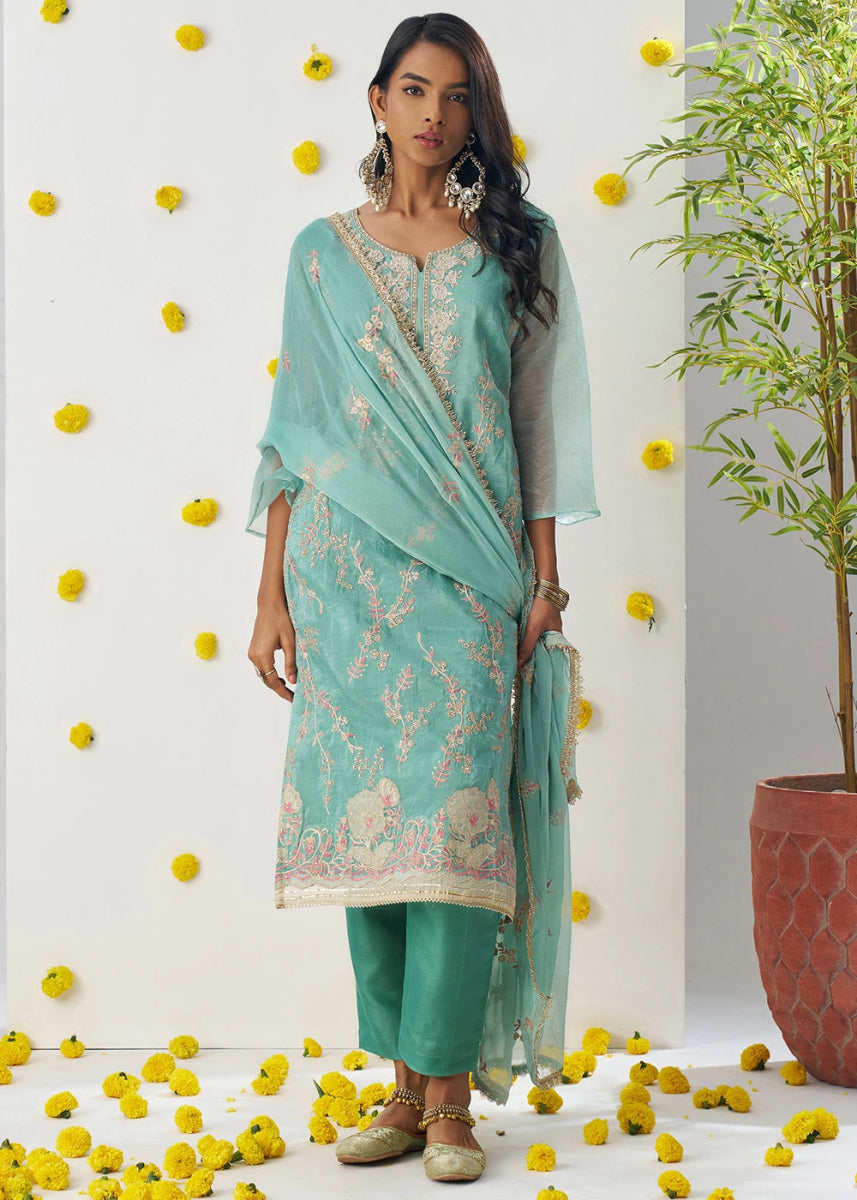 Cyan Blue Crush Organza Salwar Suit with Floral Embroidery work - House of Sarvati LLC