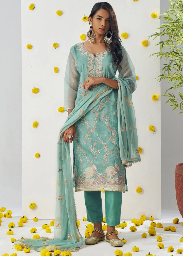 Cyan Blue Crush Organza Salwar Suit with Floral Embroidery work - House of Sarvati LLC