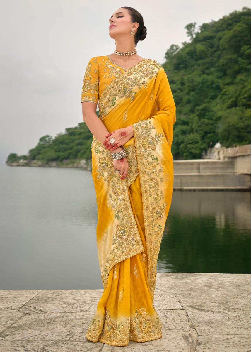 Cyber Yellow Viscose Silk Saree with Intricate Cutwork & Embroidery - House of Sarvati LLC
