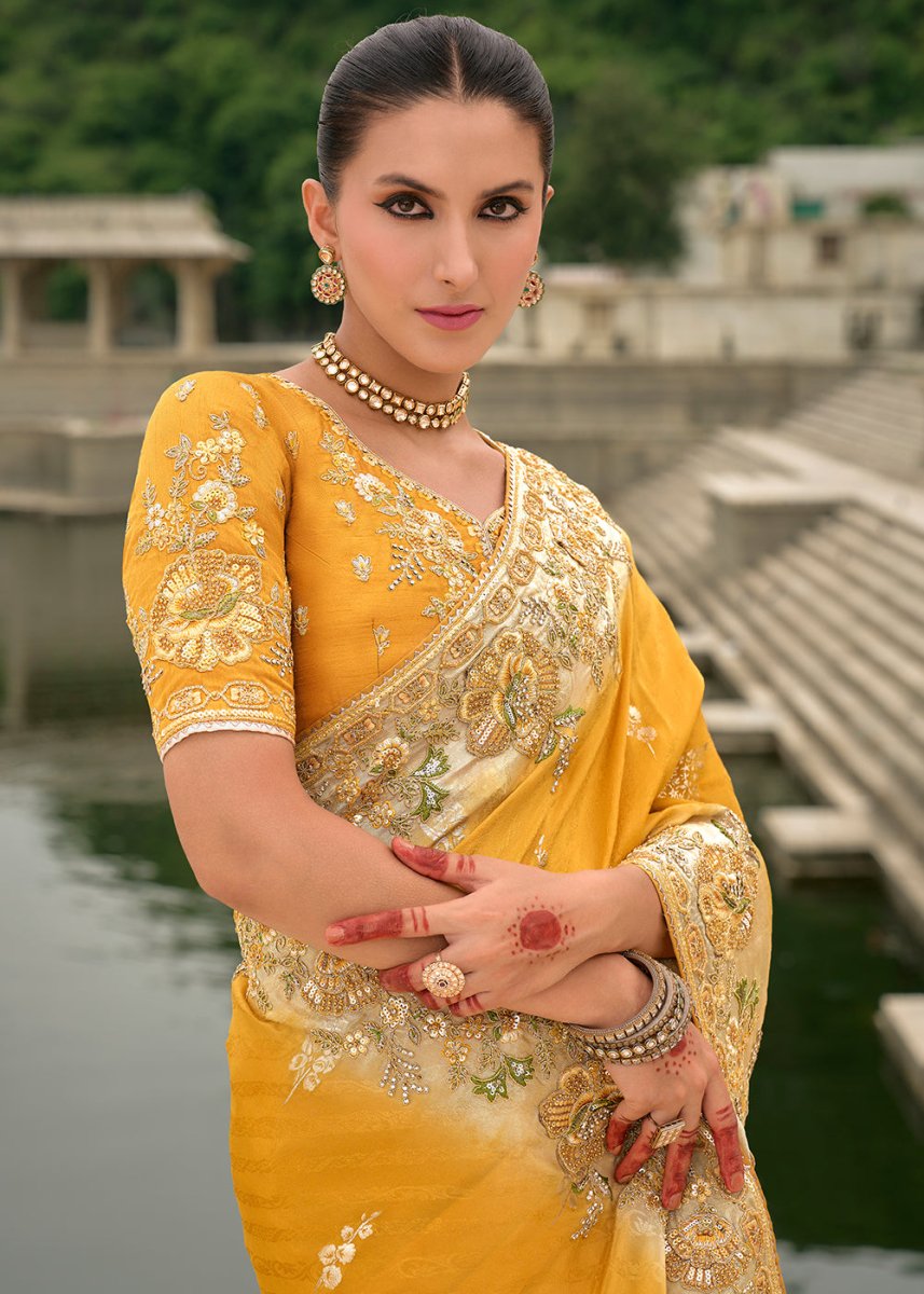 Cyber Yellow Viscose Silk Saree with Intricate Cutwork & Embroidery - House of Sarvati LLC
