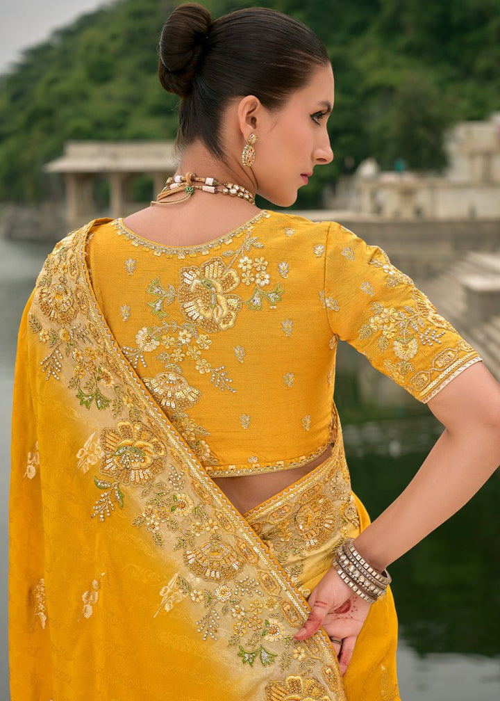 Cyber Yellow Viscose Silk Saree with Intricate Cutwork & Embroidery - House of Sarvati LLC