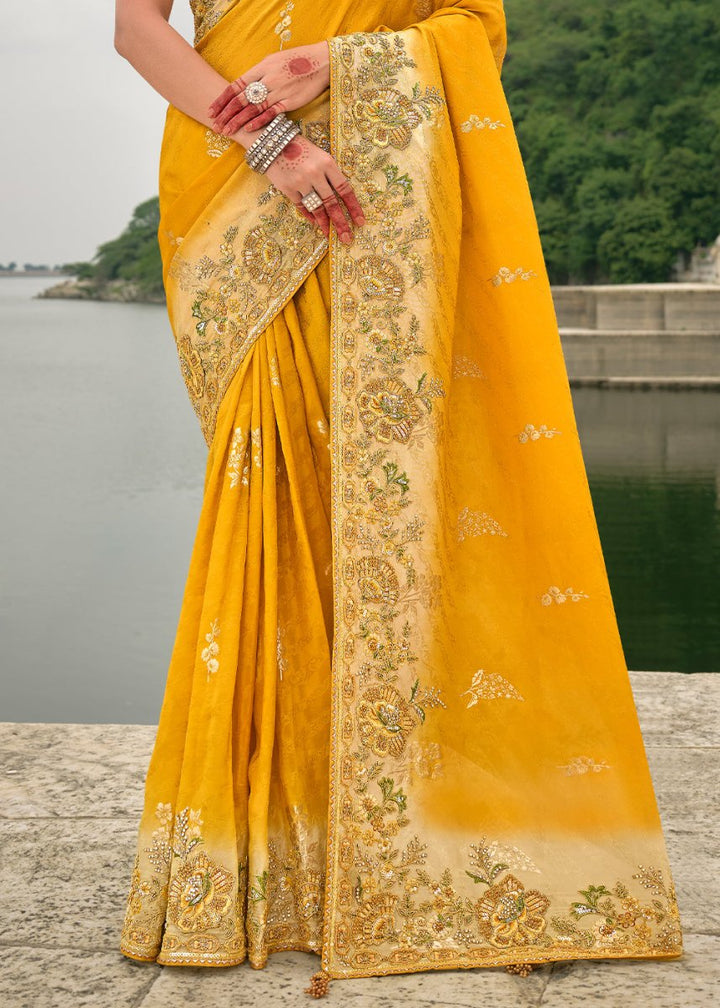Cyber Yellow Viscose Silk Saree with Intricate Cutwork & Embroidery - House of Sarvati LLC