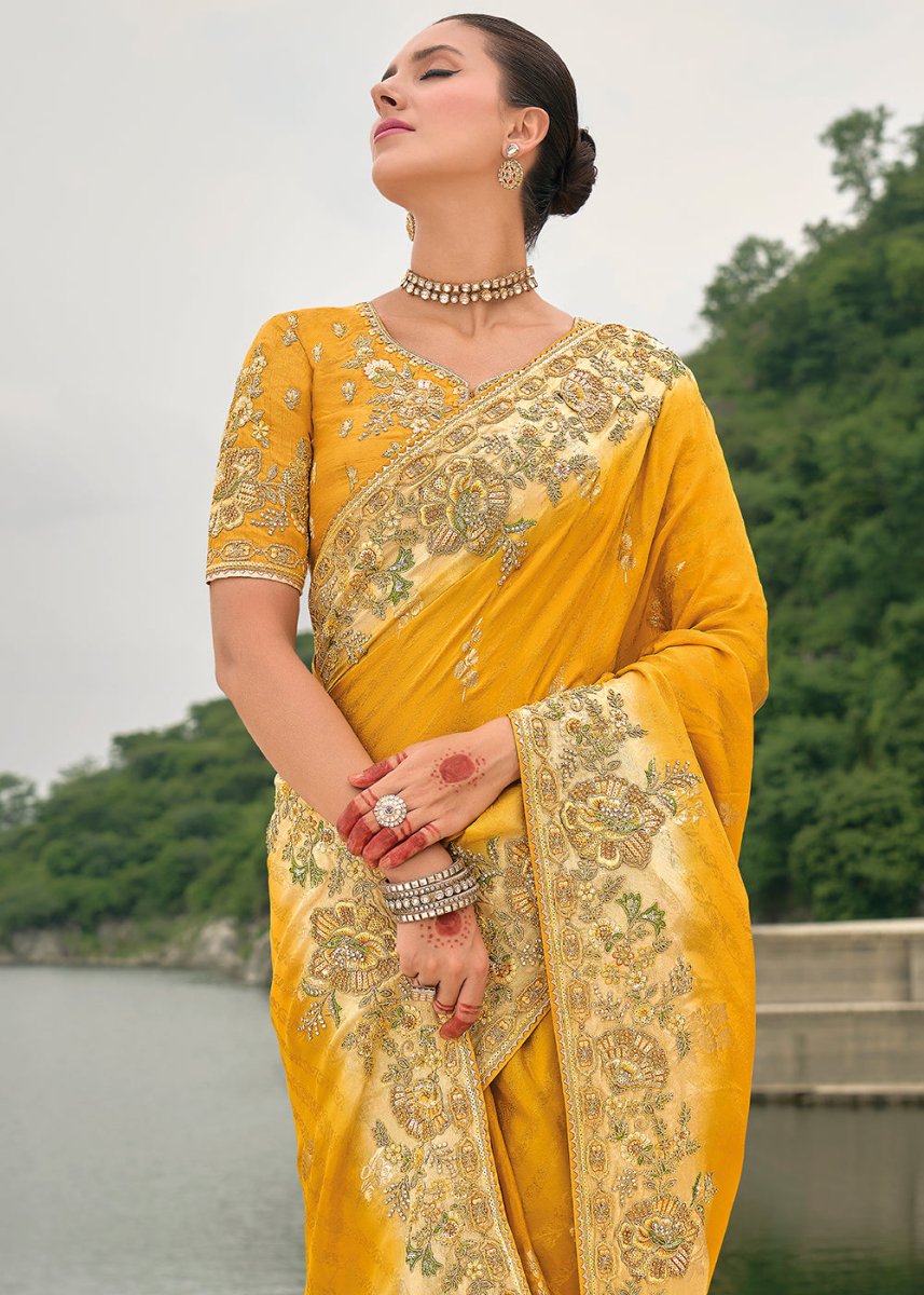 Cyber Yellow Viscose Silk Saree with Intricate Cutwork & Embroidery - House of Sarvati LLC