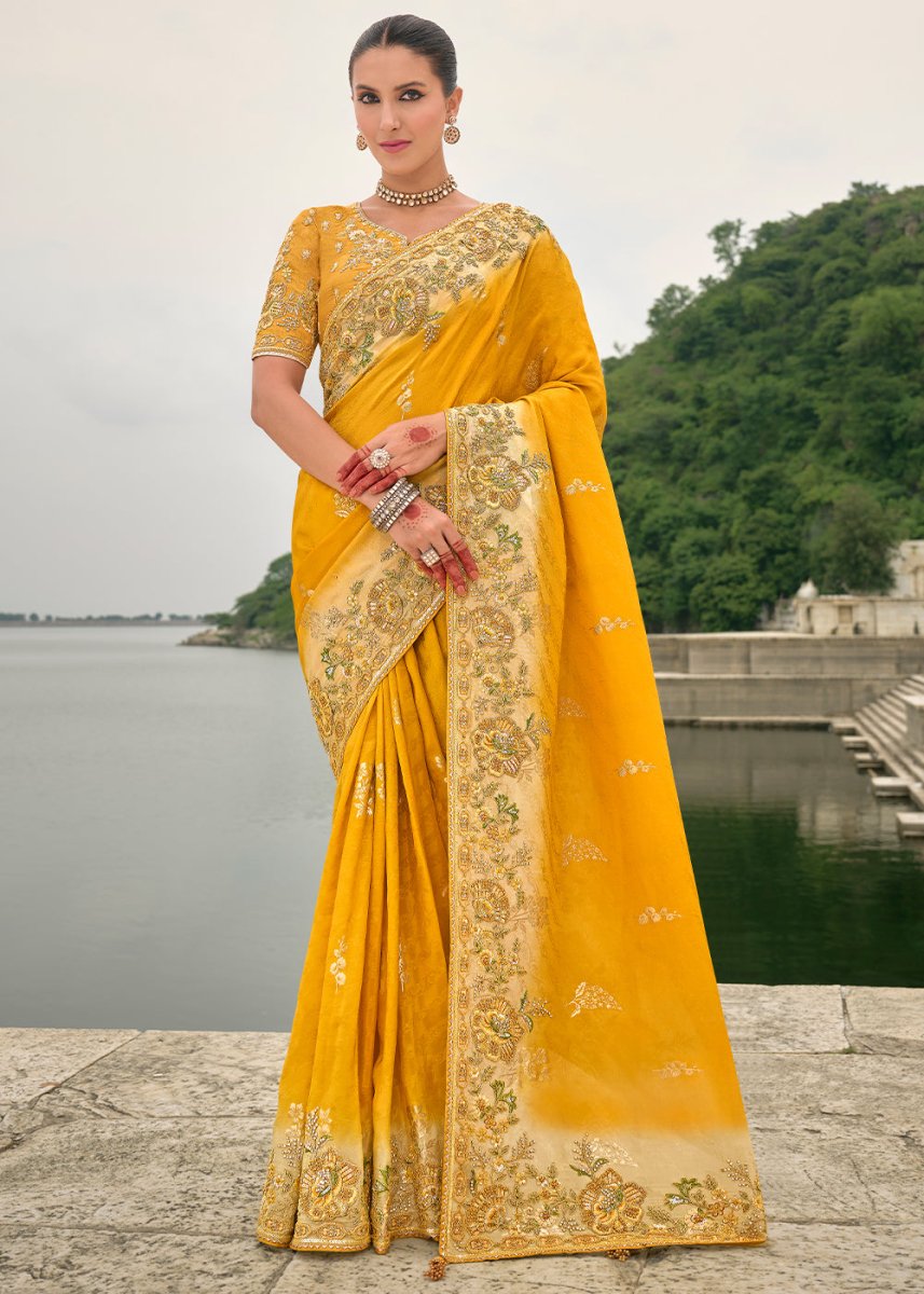 Cyber Yellow Viscose Silk Saree with Intricate Cutwork & Embroidery - House of Sarvati LLC
