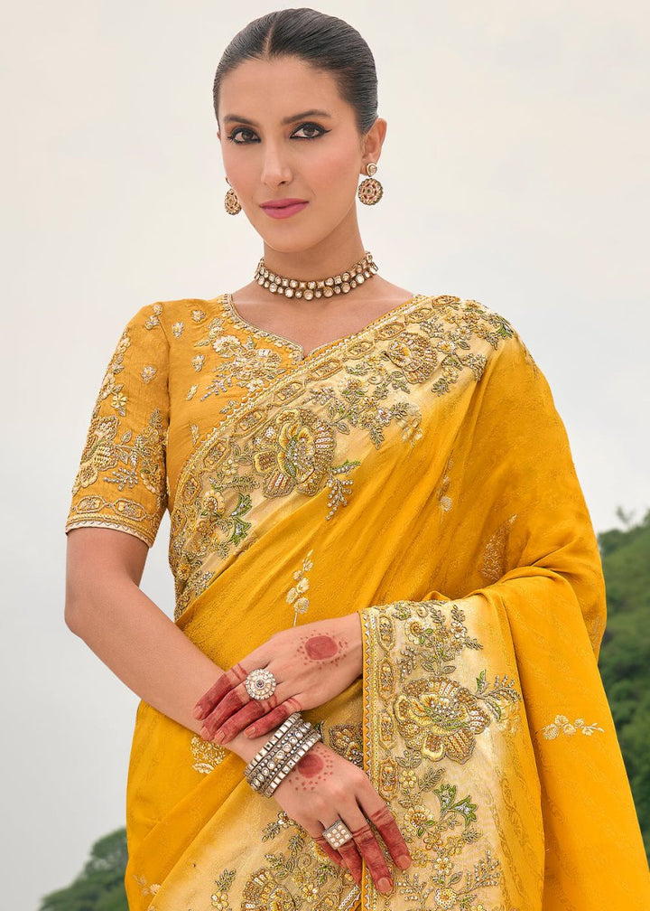 Cyber Yellow Viscose Silk Saree with Intricate Cutwork & Embroidery - House of Sarvati LLC