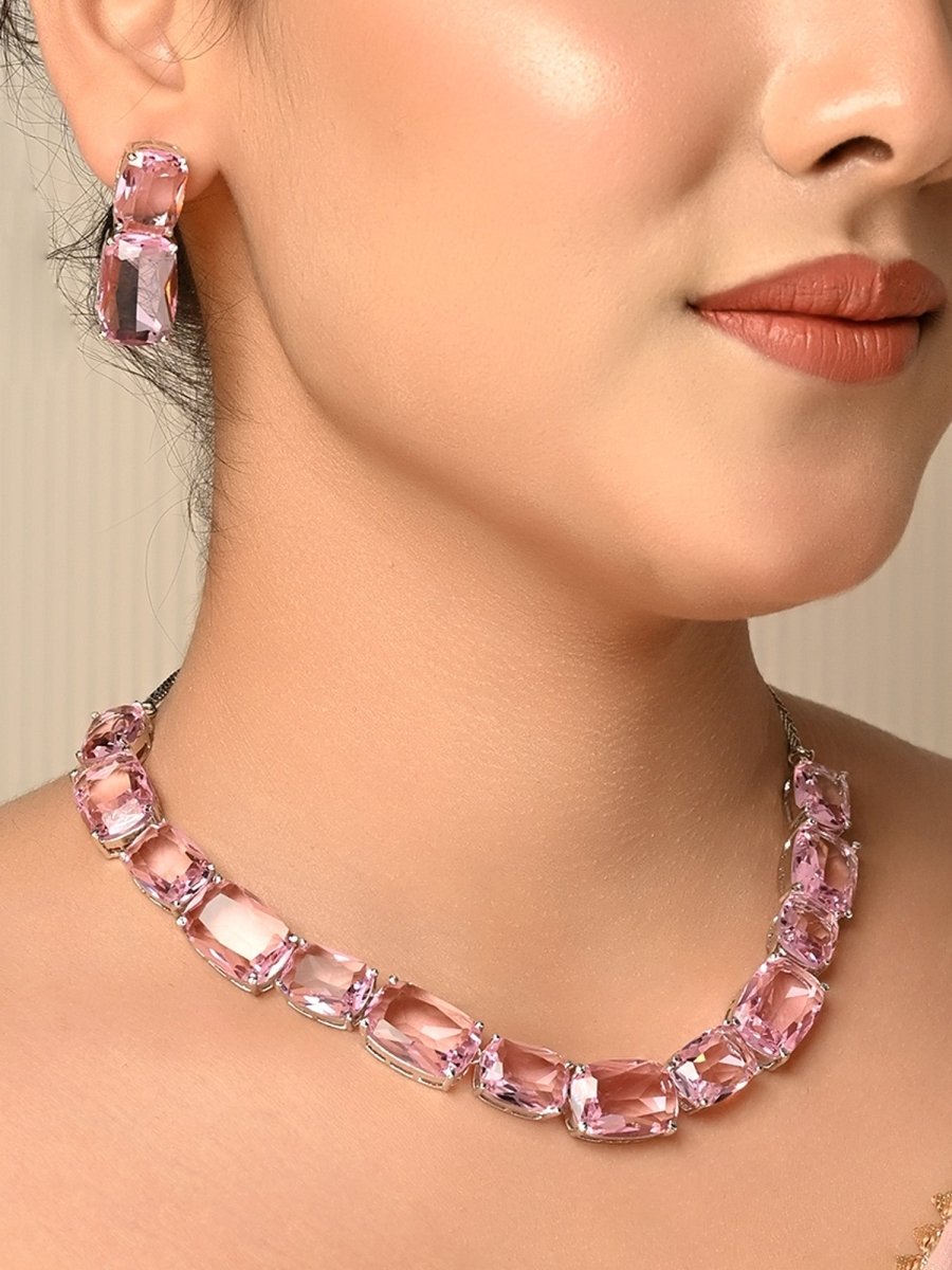 Damini Pink Swarovski Stone Necklace Set - House of Sarvati LLC