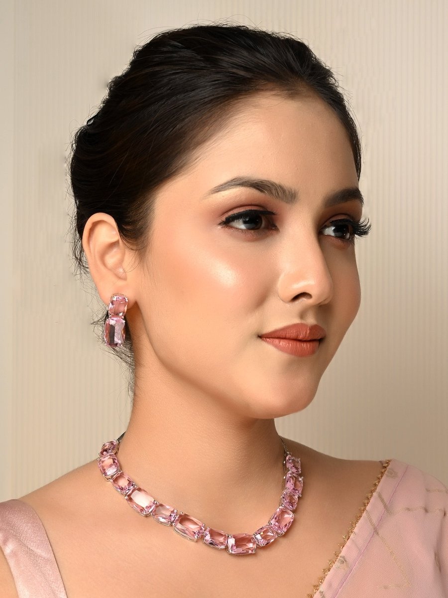 Damini Pink Swarovski Stone Necklace Set - House of Sarvati LLC