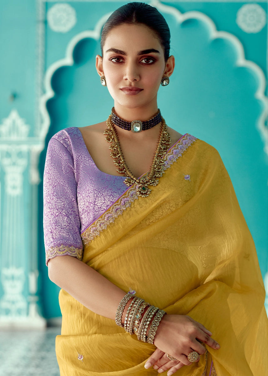 Dandelion Yellow Tissue Silk Saree with Exquisite Embroidery - House of Sarvati LLC