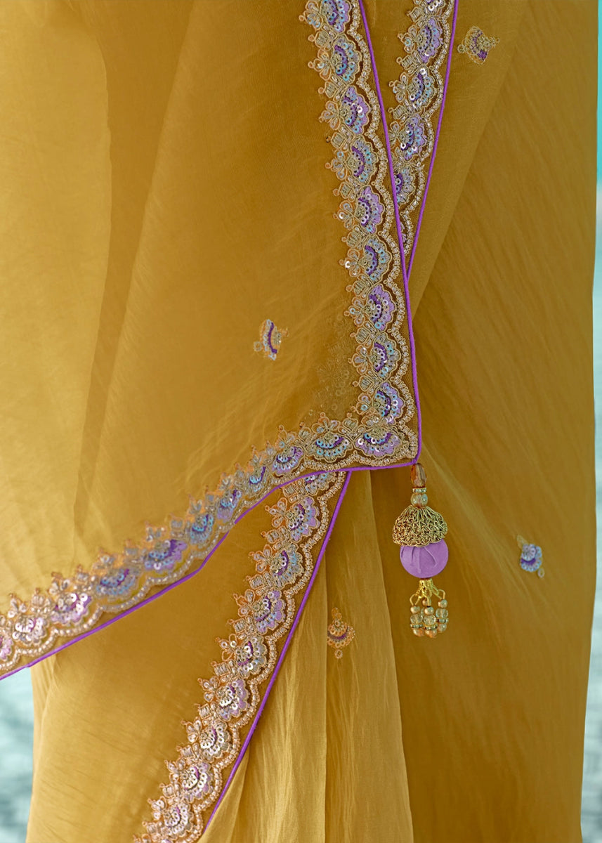 Dandelion Yellow Tissue Silk Saree with Exquisite Embroidery - House of Sarvati LLC