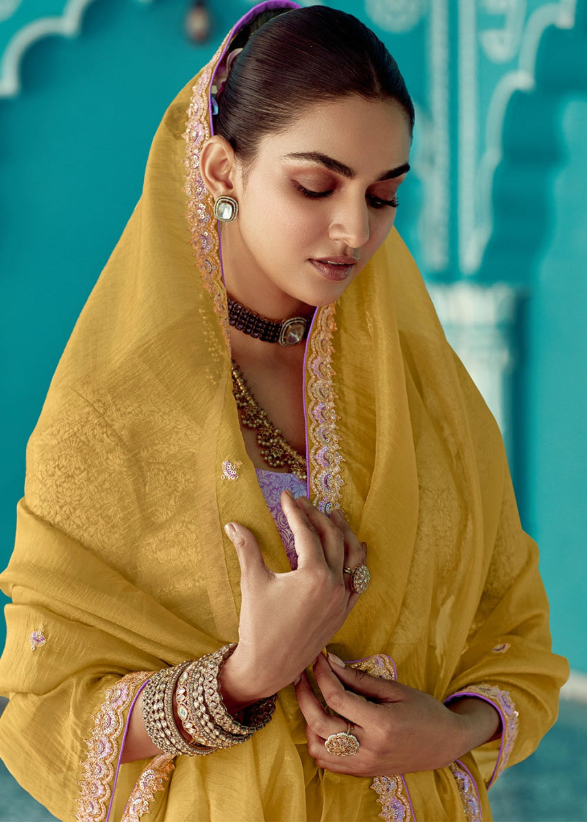 Dandelion Yellow Tissue Silk Saree with Exquisite Embroidery - House of Sarvati LLC