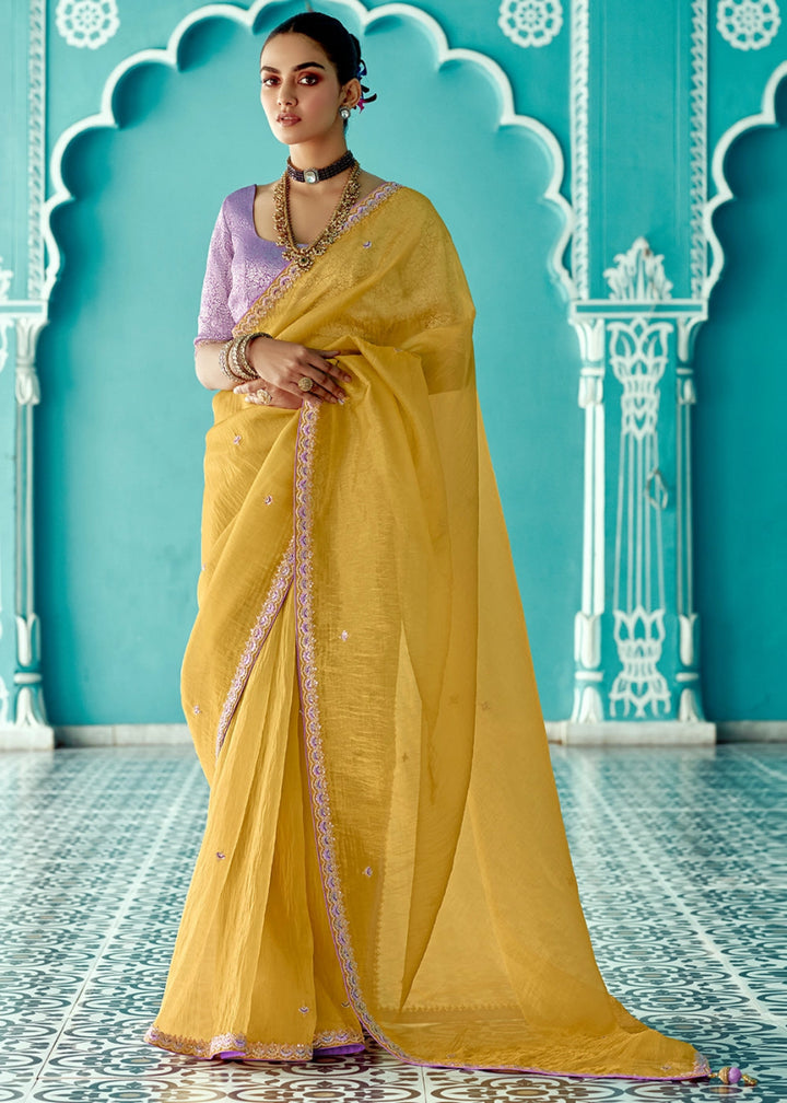 Dandelion Yellow Tissue Silk Saree with Exquisite Embroidery - House of Sarvati LLC