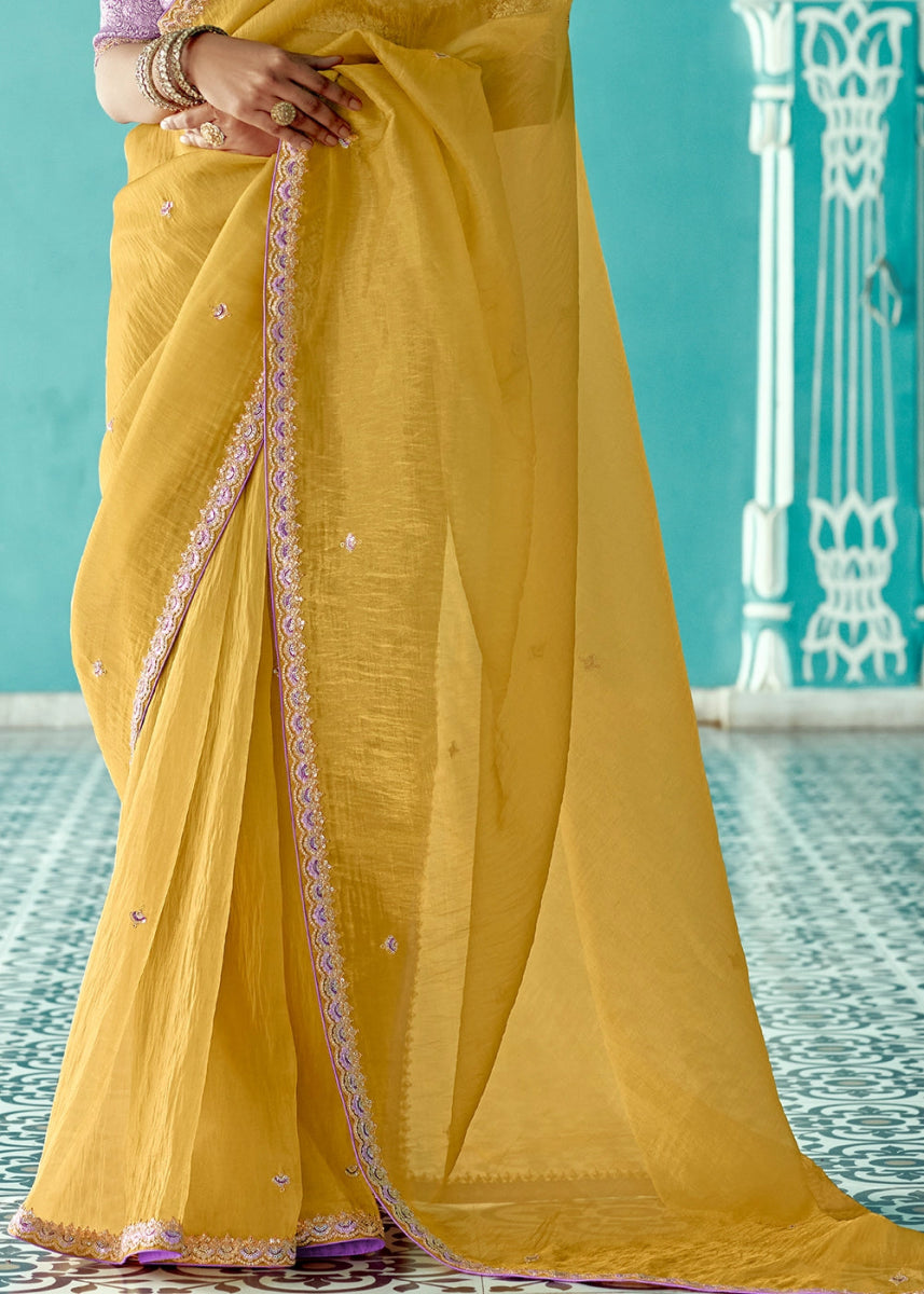 Dandelion Yellow Tissue Silk Saree with Exquisite Embroidery - House of Sarvati LLC